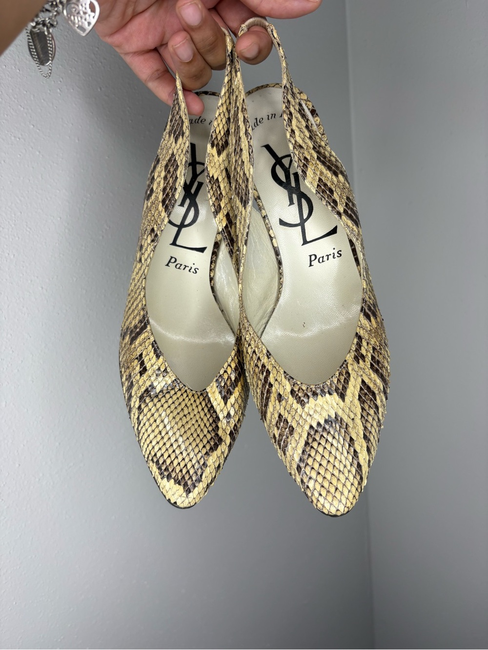 Vintage Saint Laurent Yellow Snake-Print Slingback Heels